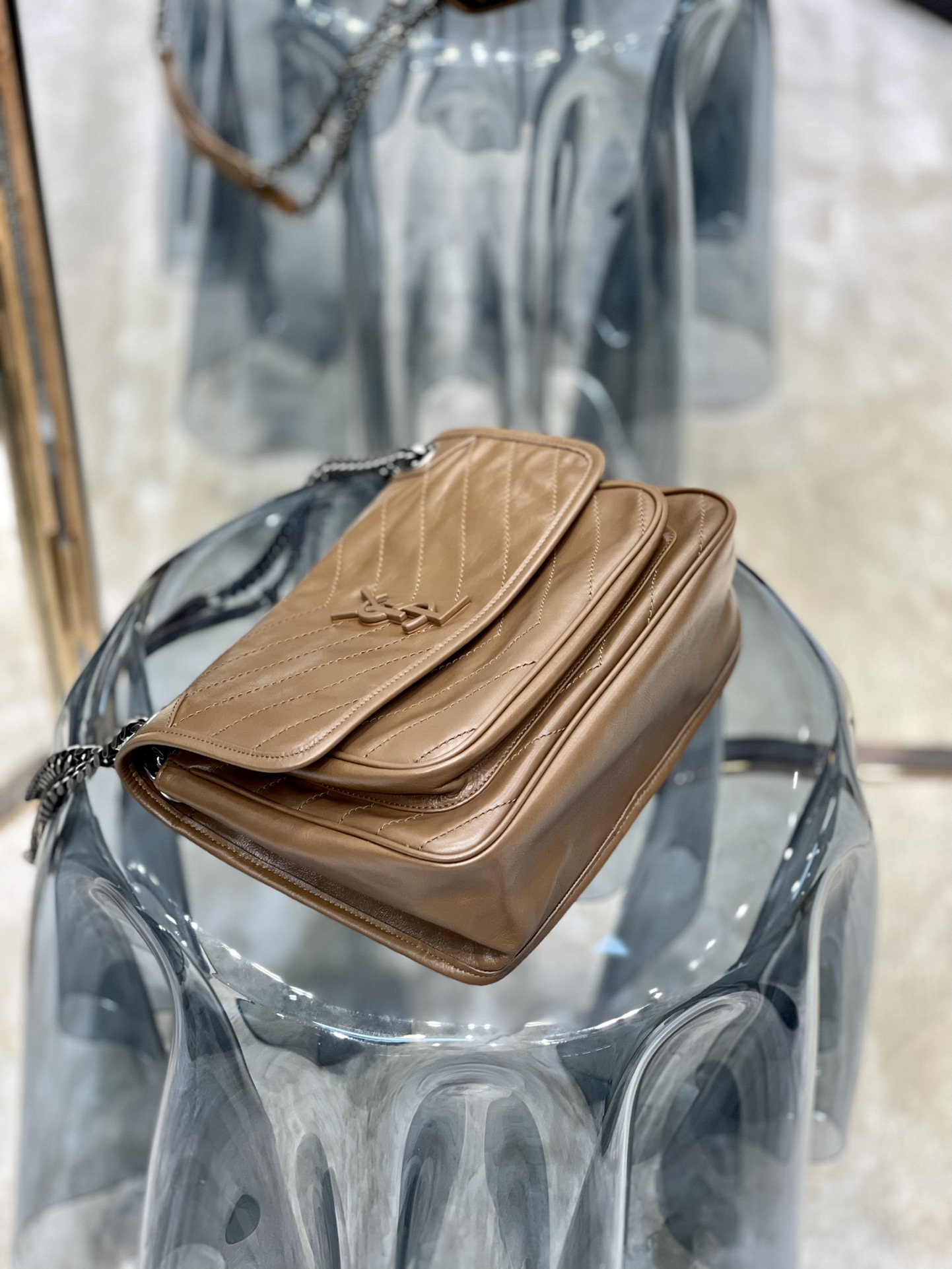 Replcai Saint Laurent NIKI Small Bag in Crinkled Vintage Leather Silver