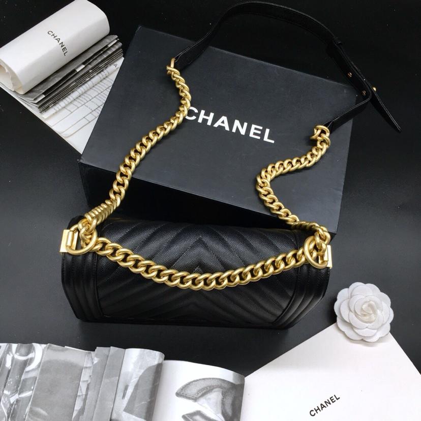 Replica 25.5cm Boy Chanel Handbag Black Grained Calfskin Gold Tone Metal