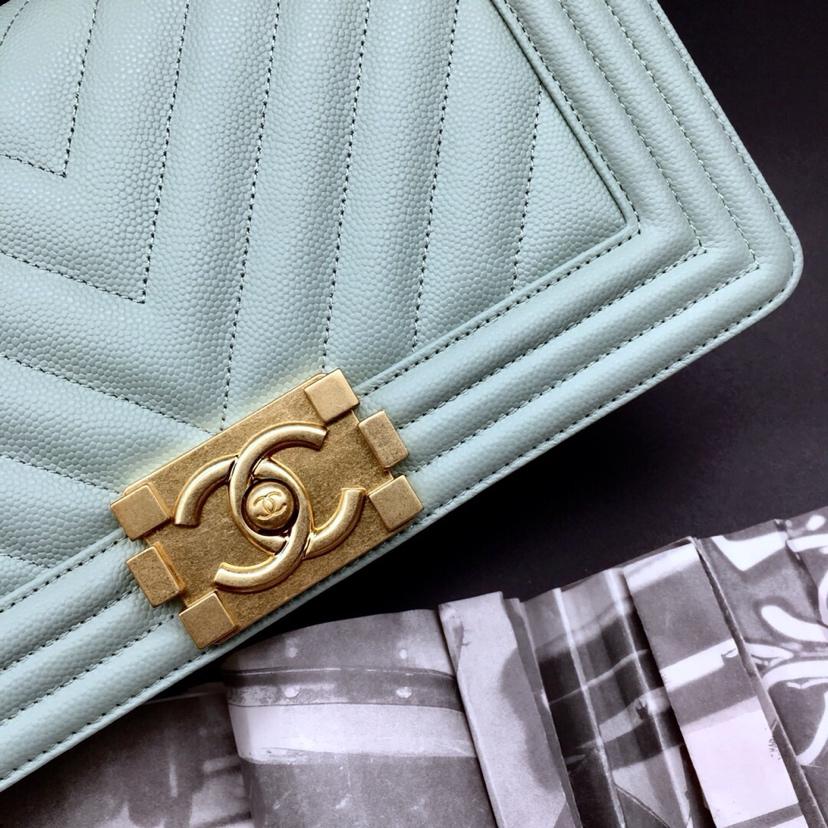 Replica 25.5cm Boy Chanel Handbag Light Blue Grained Calfskin Gold Tone Metal