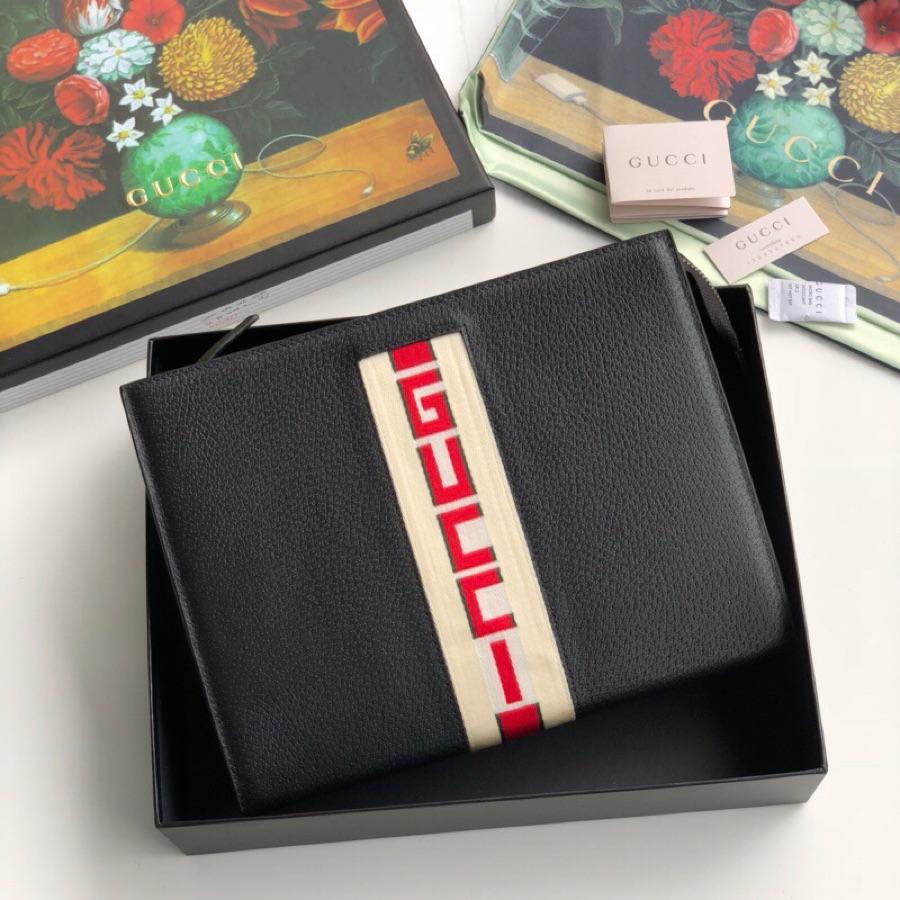 Replica 475316 Gucci Stripe Leather Men Pouch Black Leatehr