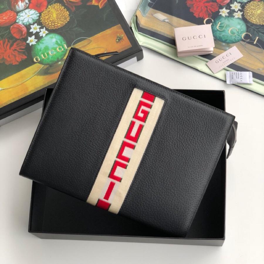 Replica 475316 Gucci Stripe Leather Men Pouch Black Leatehr