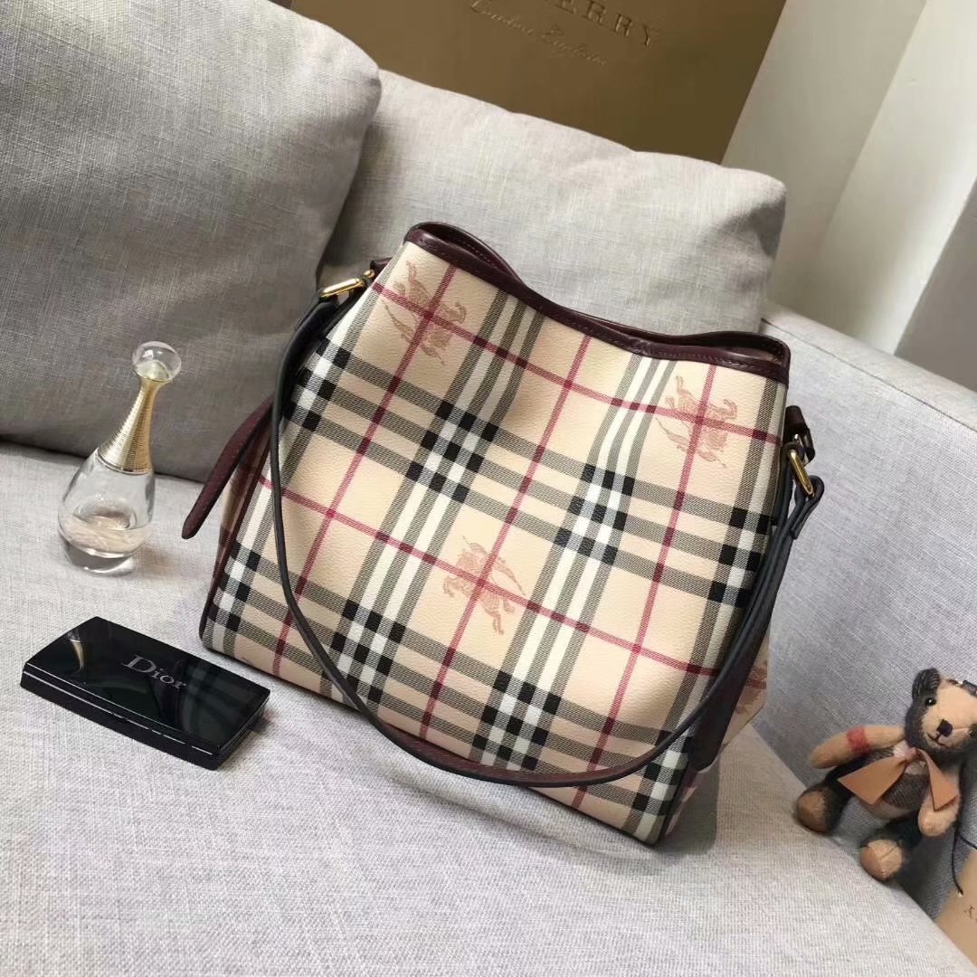 Replica Burberry Check and Leather Women Shopping Bag Brown