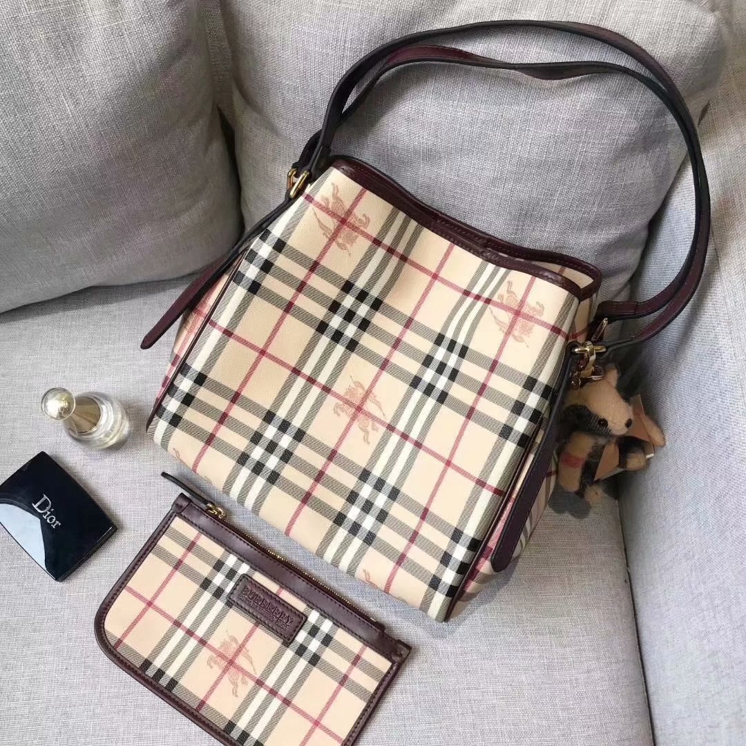 Replica Burberry Check and Leather Women Shopping Bag Brown