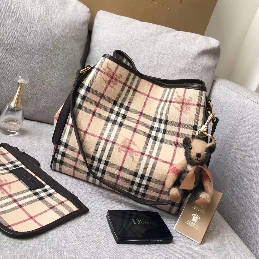 Replica Burberry Check and Leather Women Shopping Bag Coffee