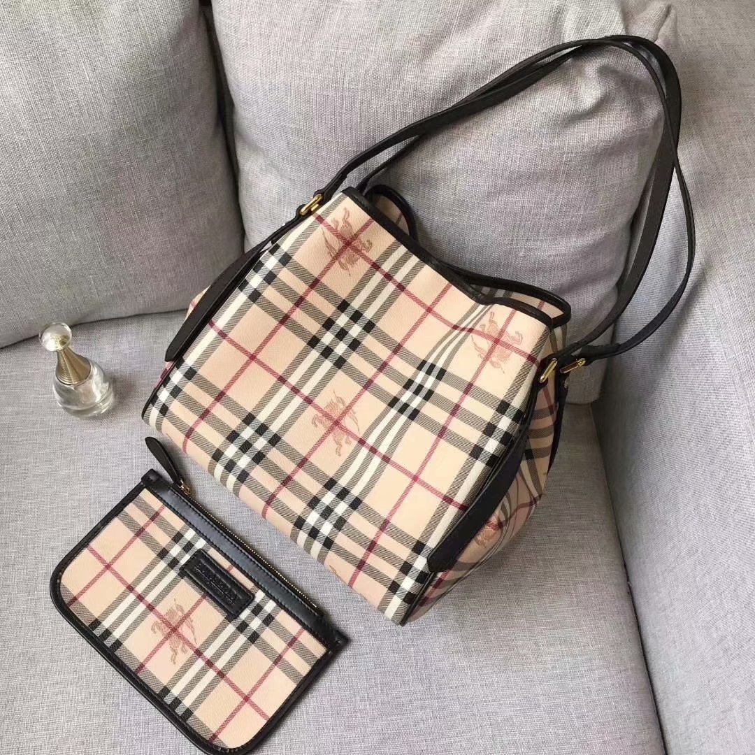 Replica Burberry Check and Leather Women Shopping Bag Coffee