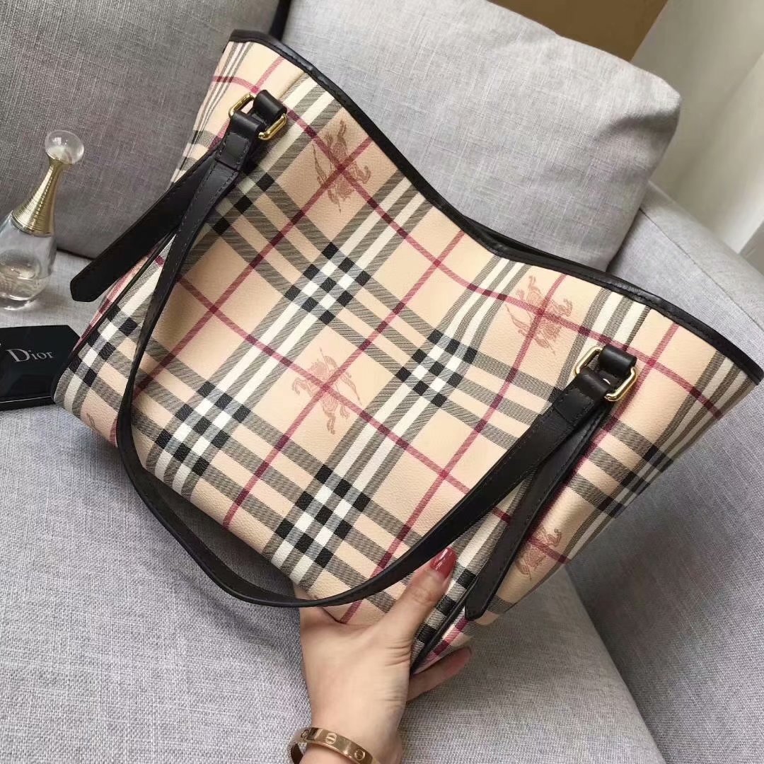 Replica Burberry Check and Leather Women Shopping Bag Coffee