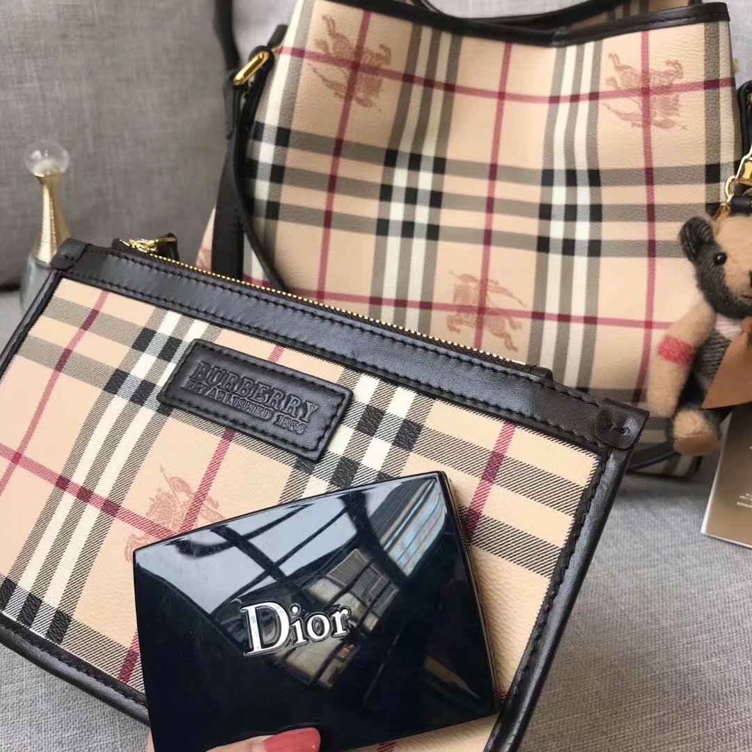 Replica Burberry Check and Leather Women Shopping Bag Coffee