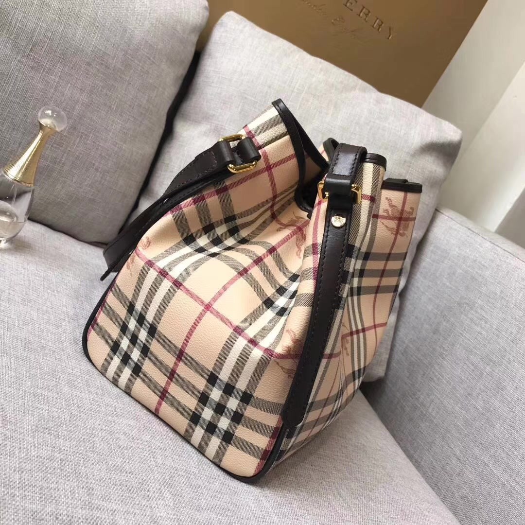 Replica Burberry Check and Leather Women Shopping Bag Coffee