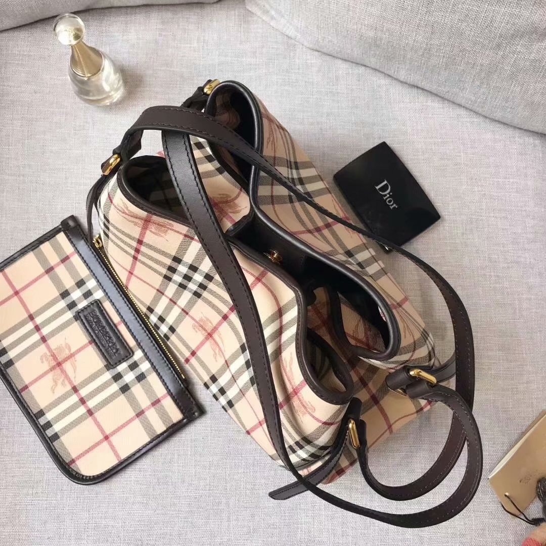 Replica Burberry Check and Leather Women Shopping Bag Coffee