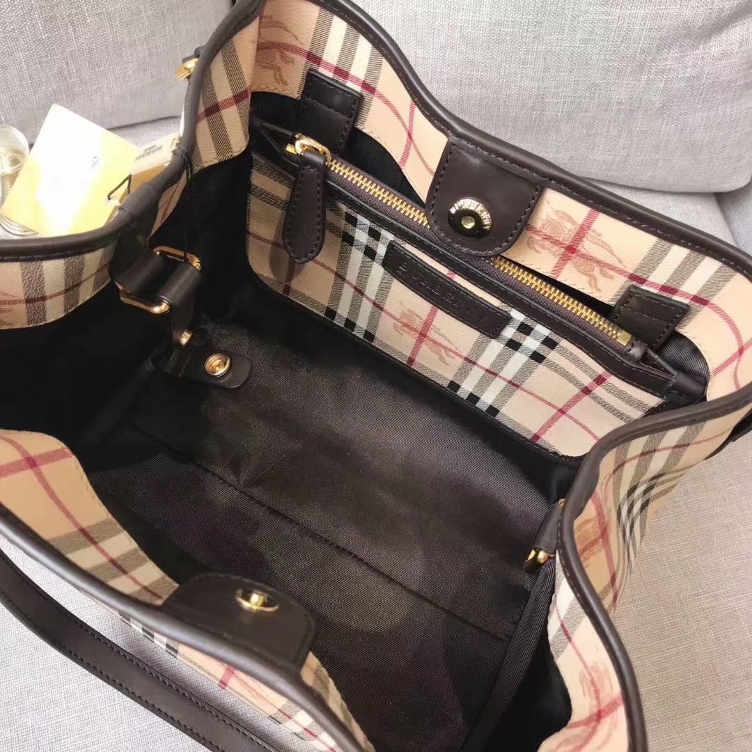 Replica Burberry Check and Leather Women Shopping Bag Coffee