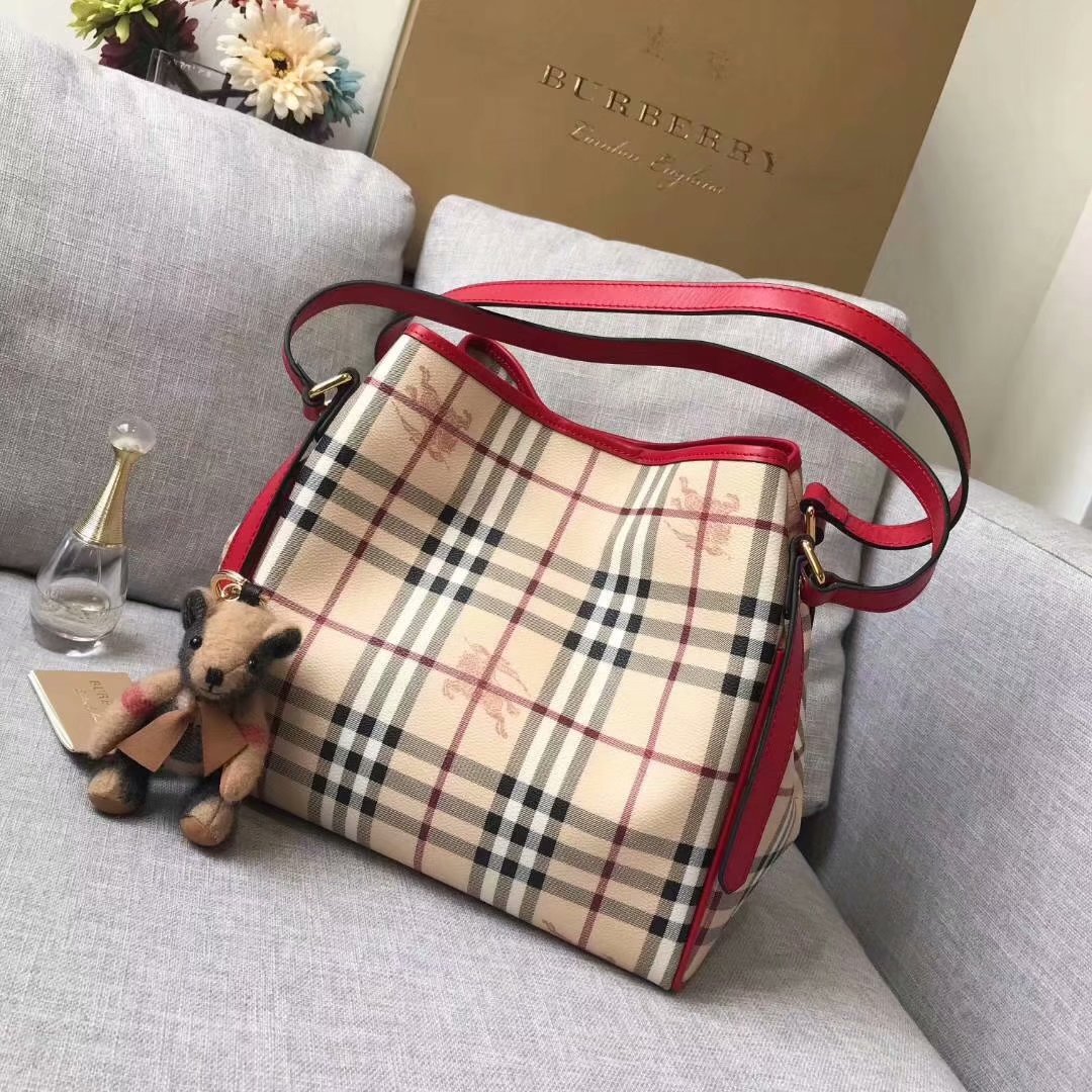 Replica Burberry Check and Leather Women Shopping Bag Red