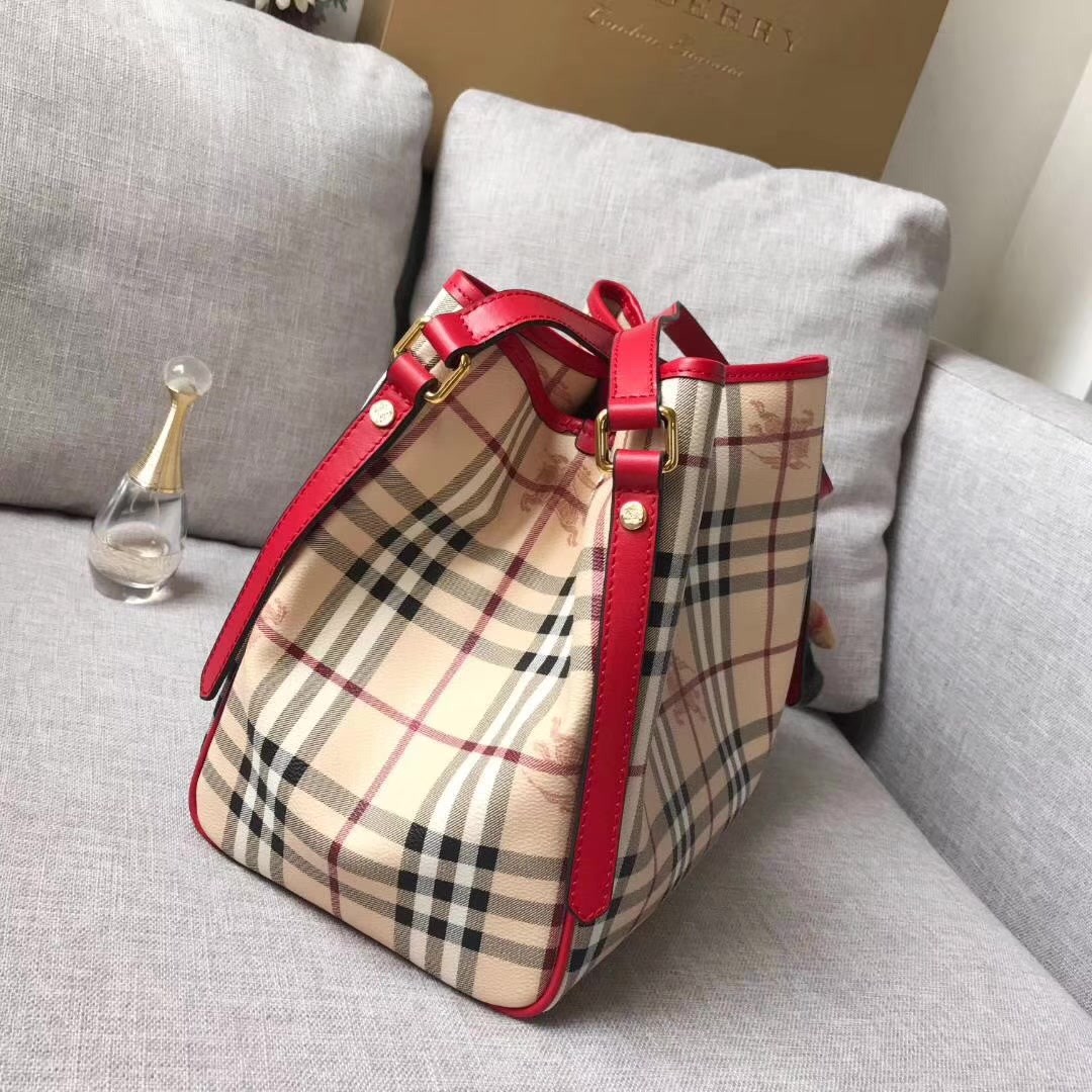 Replica Burberry Check and Leather Women Shopping Bag Red