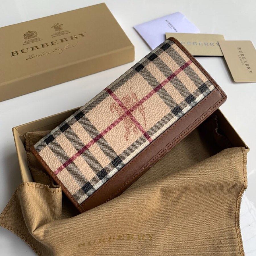 Replica Burberry Women Vintage Check Leather Long Wallet Coffee