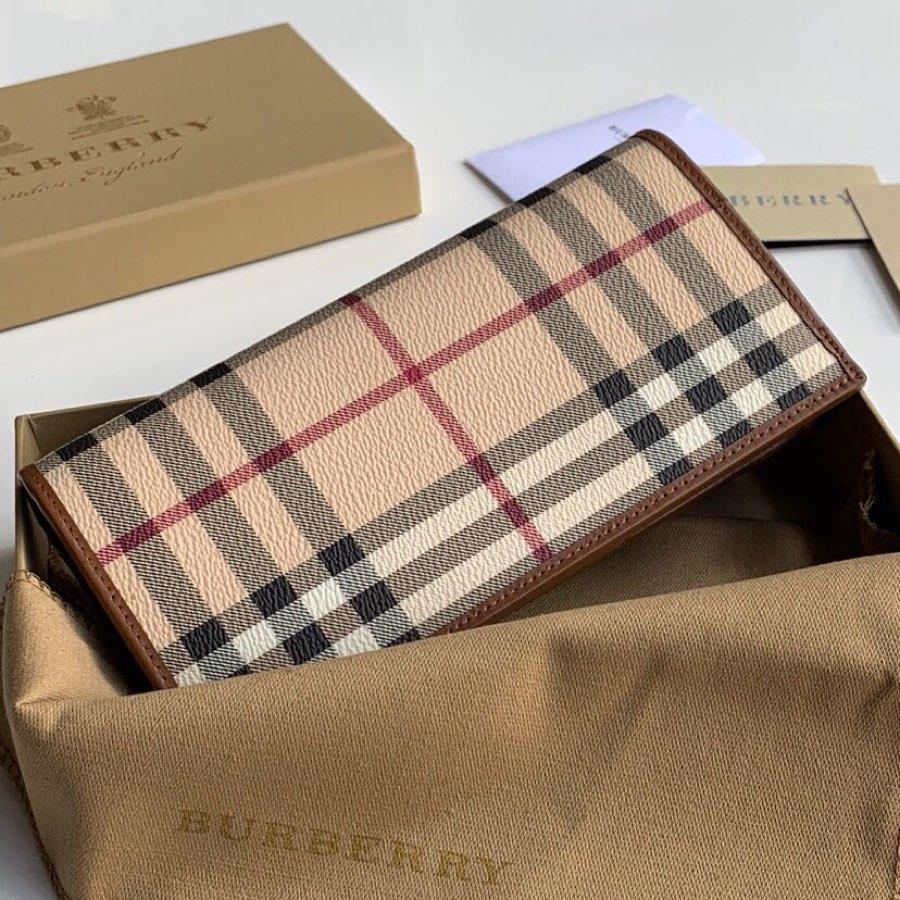 Replica Burberry Women Vintage Check Leather Long Wallet Coffee