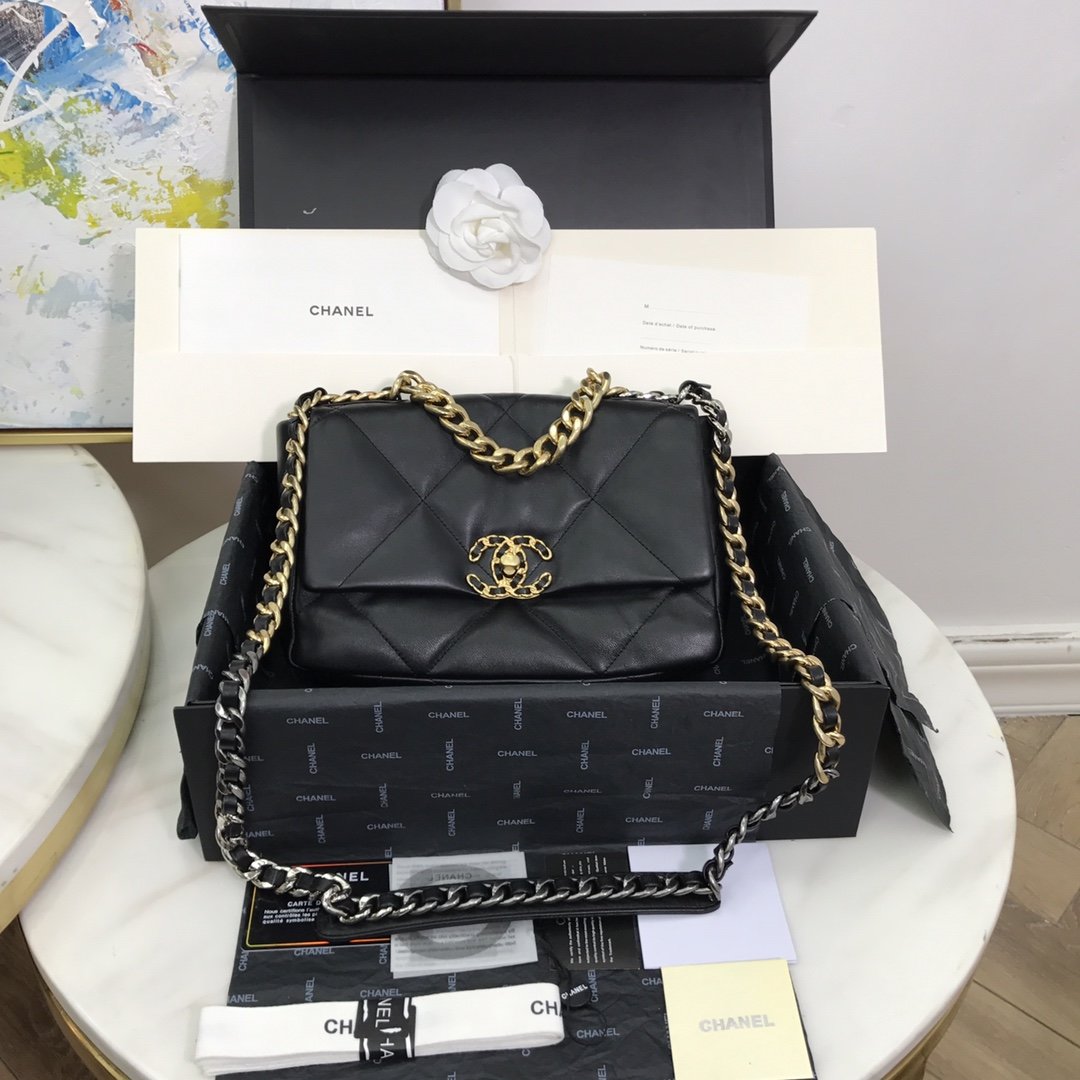 Replica Chanel 19 Large Flap Bag Lambskin Gold-Tone Silver-Tone  Ruthenium-Finish Metal AS1161 Black