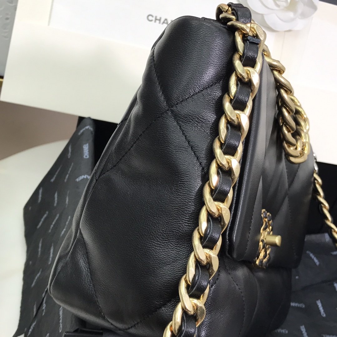 Replica Chanel 19 Large Flap Bag Lambskin Gold-Tone Silver-Tone  Ruthenium-Finish Metal AS1161 Black