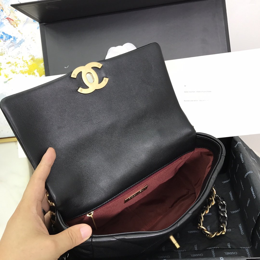 Replica Chanel 19 Large Flap Bag Lambskin Gold-Tone Silver-Tone  Ruthenium-Finish Metal AS1161 Black