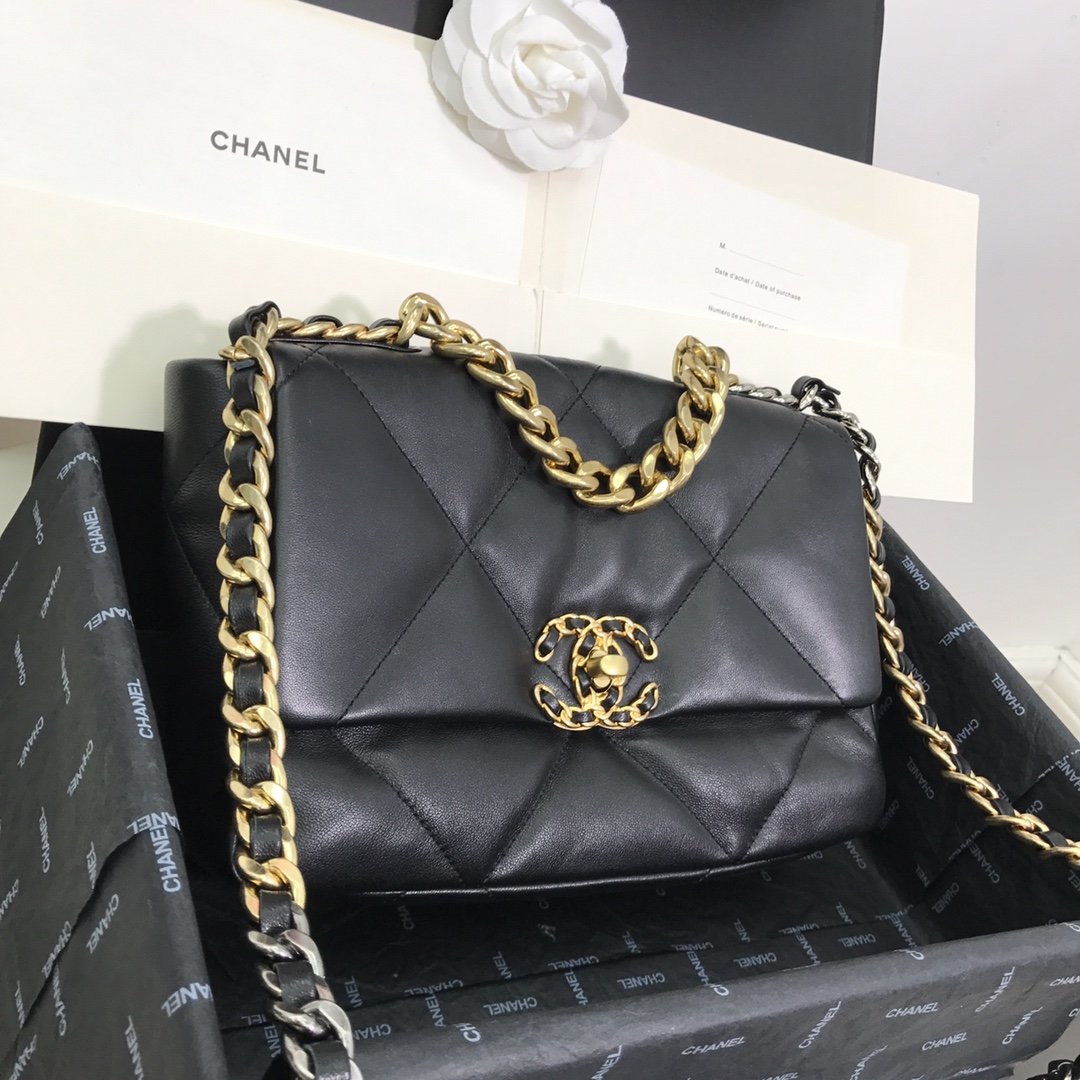 Replica Chanel 19 Large Flap Bag Lambskin Gold-Tone Silver-Tone  Ruthenium-Finish Metal AS1161 Black