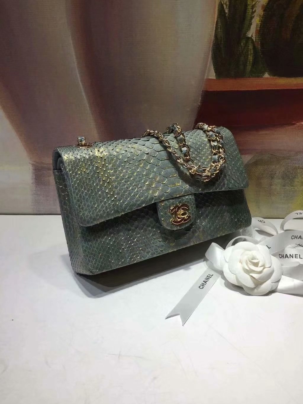 Replica Chanel A01112 Classic Handbag Blue Python Gold-Tone Metal