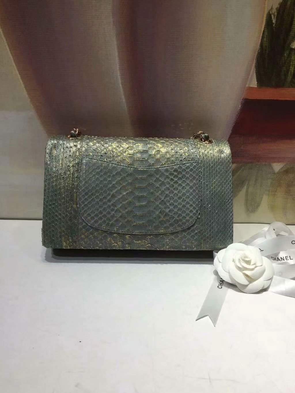Replica Chanel A01112 Classic Handbag Blue Python Gold-Tone Metal