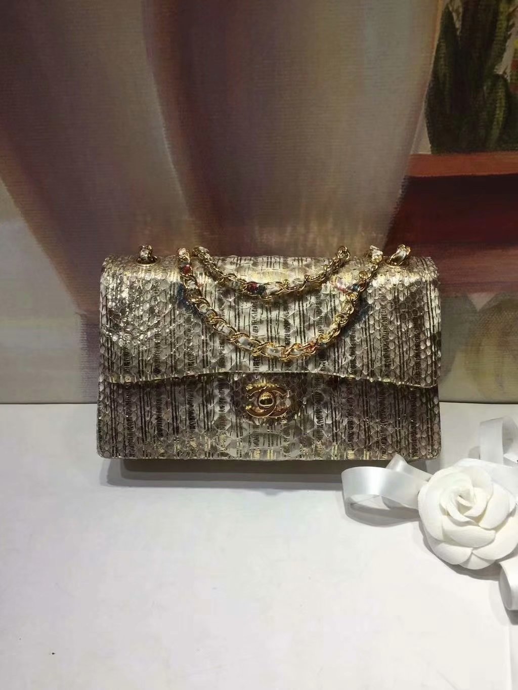 Replica Chanel A01112 Classic Handbag Gold Python Gold-Tone Metal