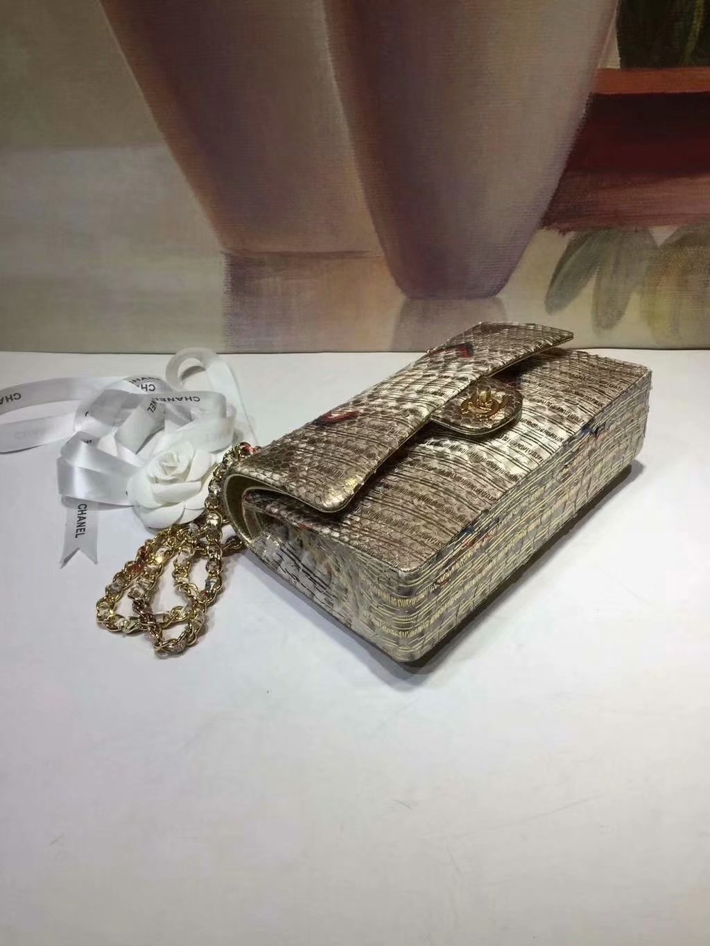 Replica Chanel A01112 Classic Handbag Gold Python Gold-Tone Metal
