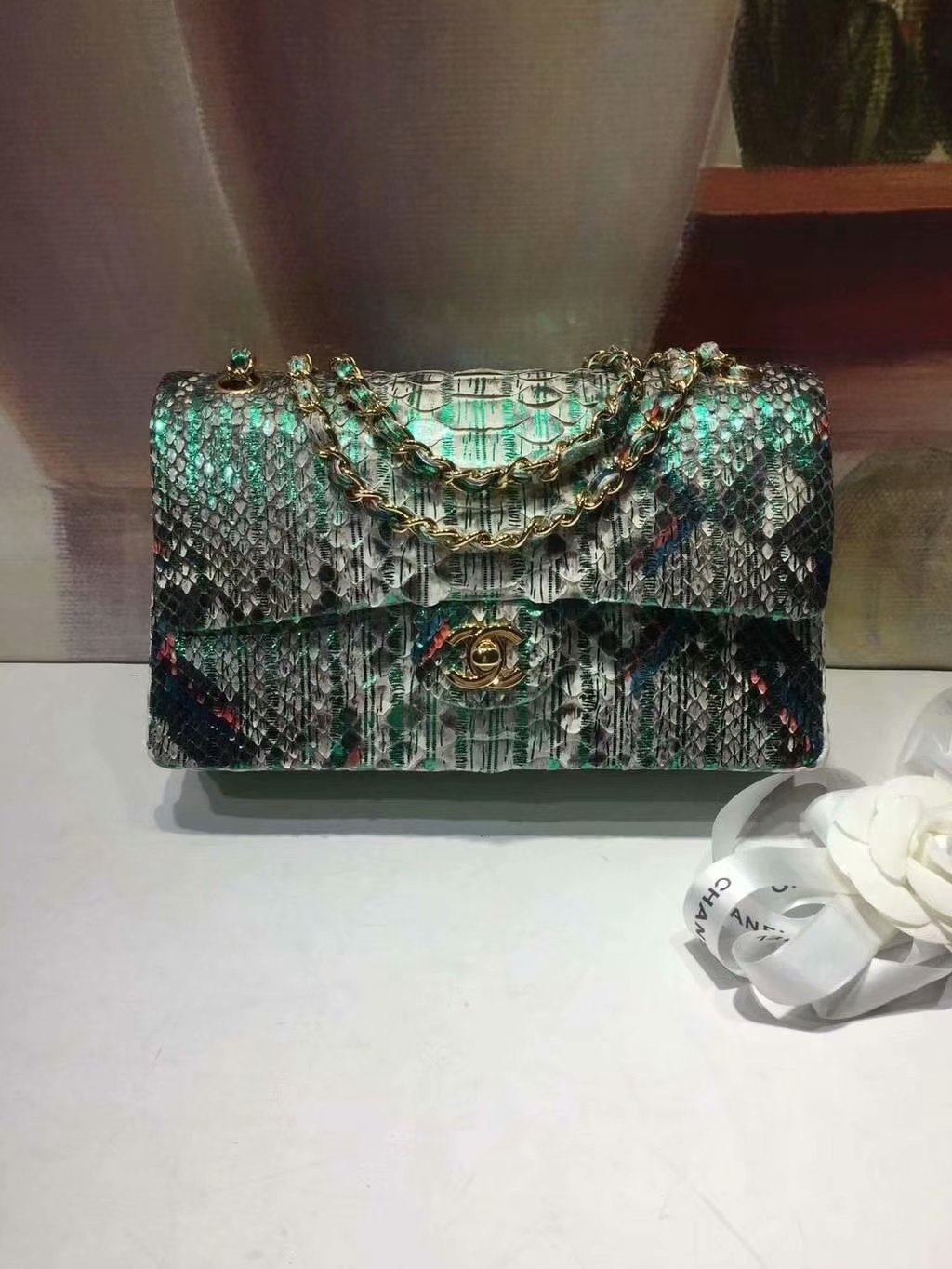 Replica Chanel A01112 Classic Handbag Green Python Gold-Tone Metal