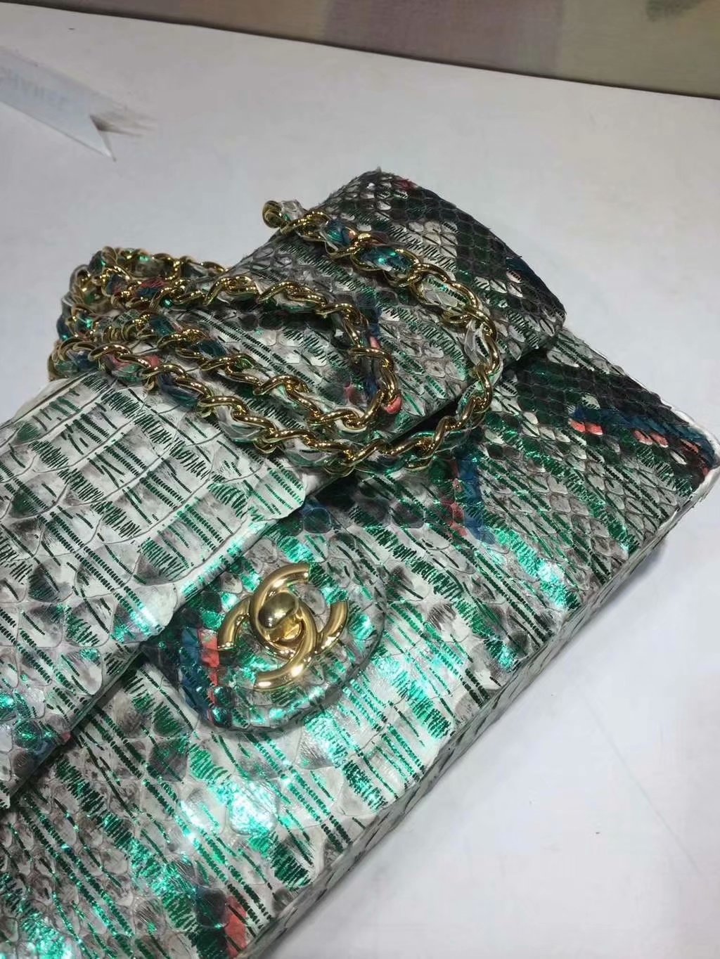 Replica Chanel A01112 Classic Handbag Green Python Gold-Tone Metal