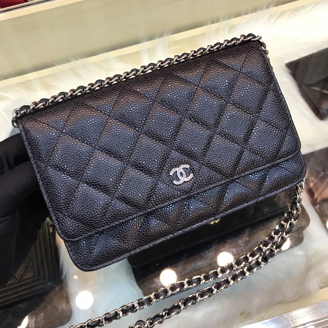 Replica Chanel A33814 Classcics Wallet On Chain Caviar Quilted Genuine Leather Silver Tone Metal