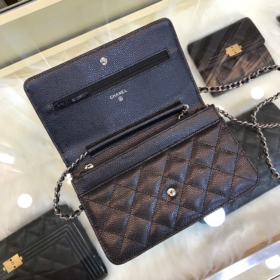 Replica Chanel A33814 Classcics Wallet On Chain Caviar Quilted Genuine Leather Silver Tone Metal