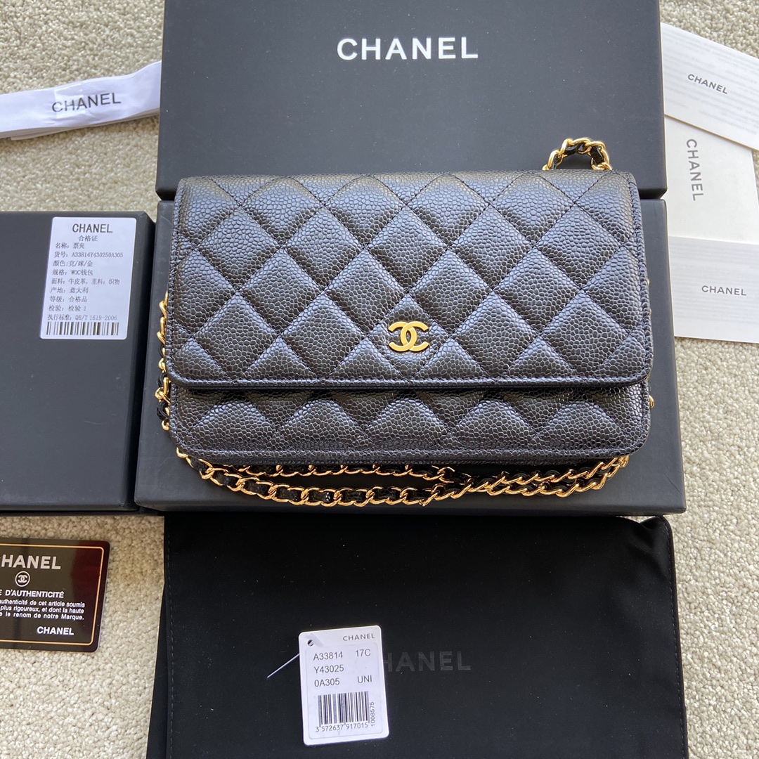 Replica Chanel A33814 Women Classcics Wallet On Chain Black Caviar Leather with Gold