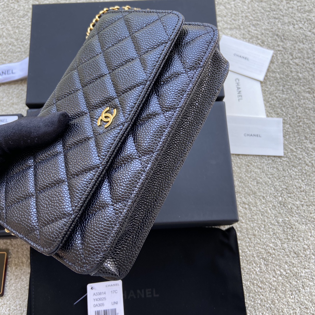 Replica Chanel A33814 Women Classcics Wallet On Chain Black Caviar Leather with Gold