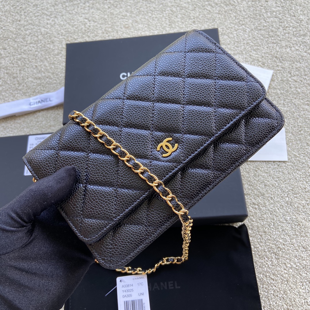 Replica Chanel A33814 Women Classcics Wallet On Chain Black Caviar Leather with Gold