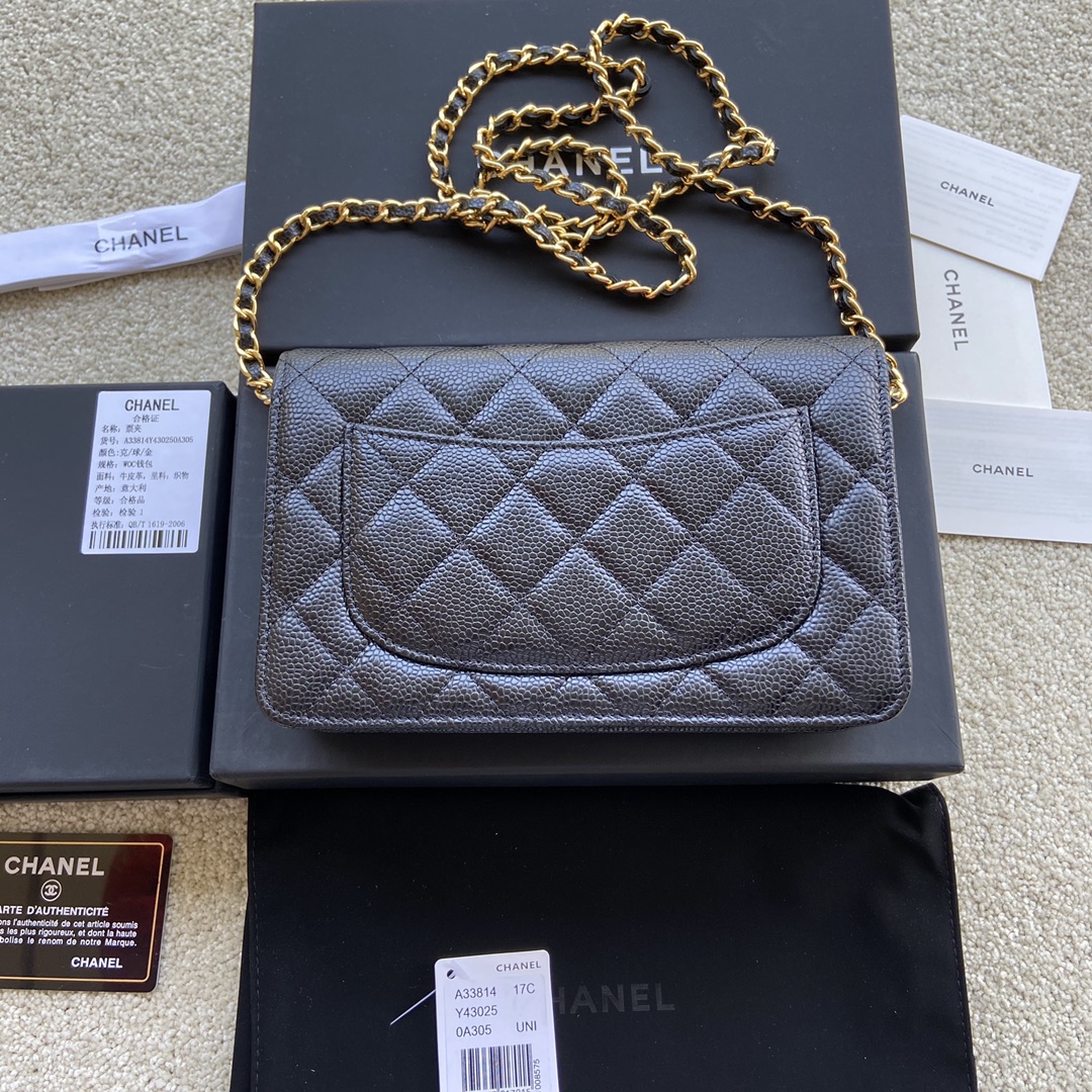 Replica Chanel A33814 Women Classcics Wallet On Chain Black Caviar Leather with Gold