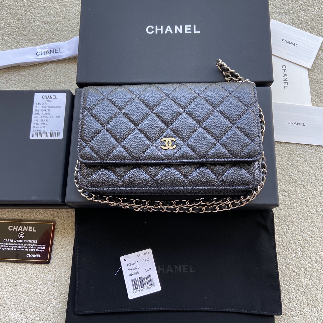 Replica Chanel A33814 Women Classcics Wallet On Chain Black Caviar Leather with Sliver