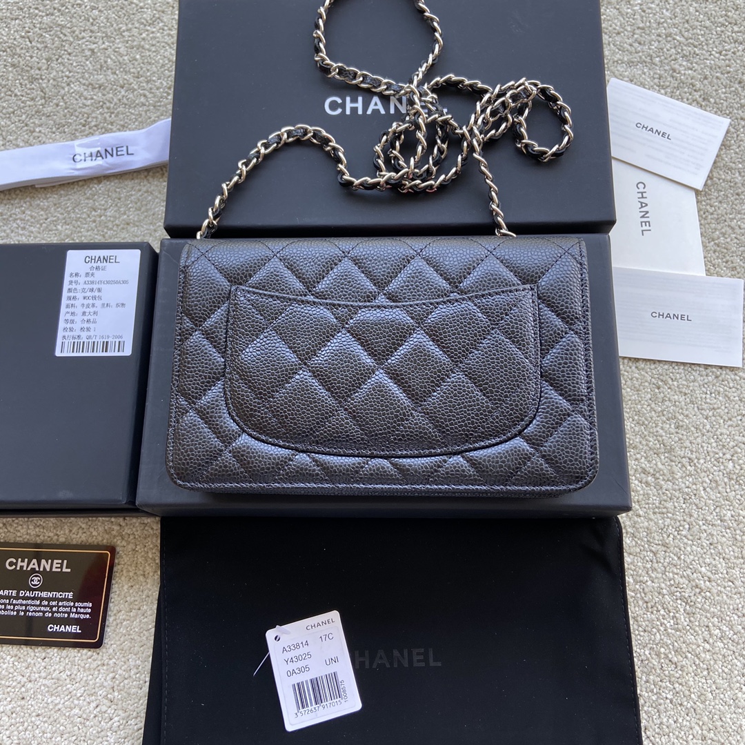 Replica Chanel A33814 Women Classcics Wallet On Chain Black Caviar Leather with Sliver