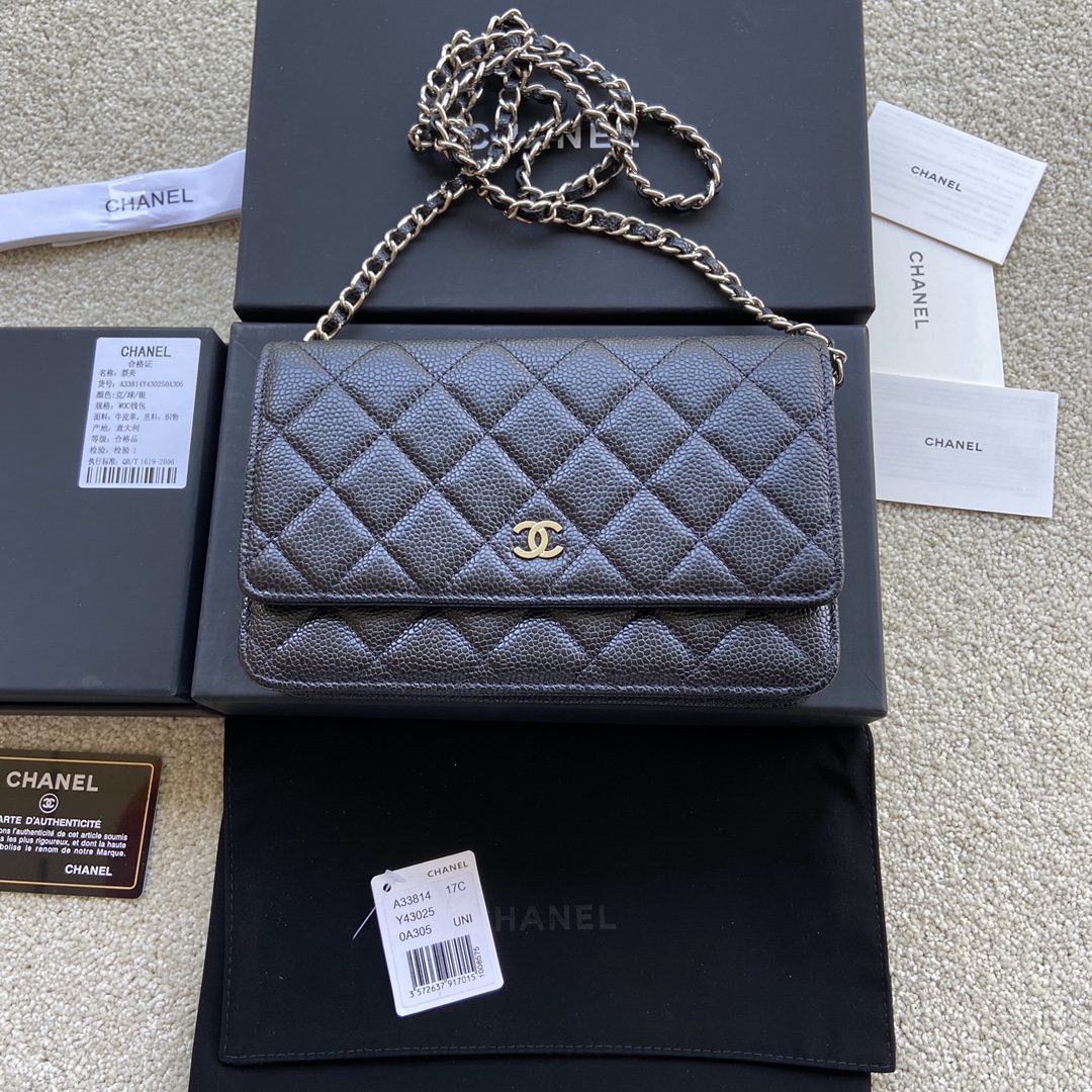 Replica Chanel A33814 Women Classcics Wallet On Chain Black Caviar Leather with Sliver