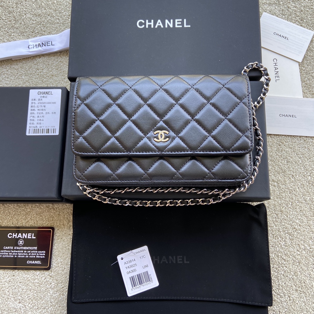 Replica Chanel A33814 Women Classcics Wallet On Chain Black Leather with Sliver