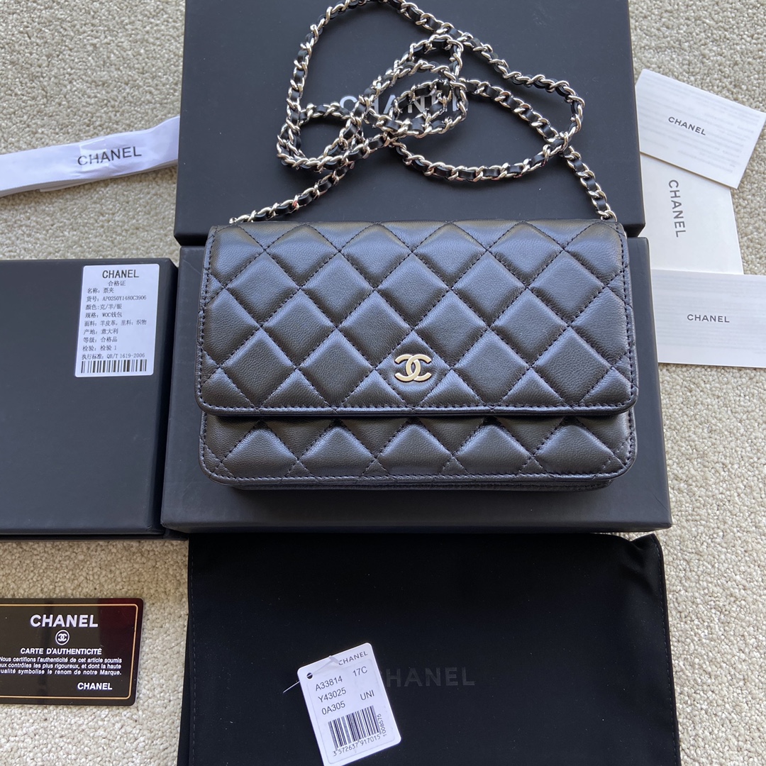 Replica Chanel A33814 Women Classcics Wallet On Chain Black Leather with Sliver