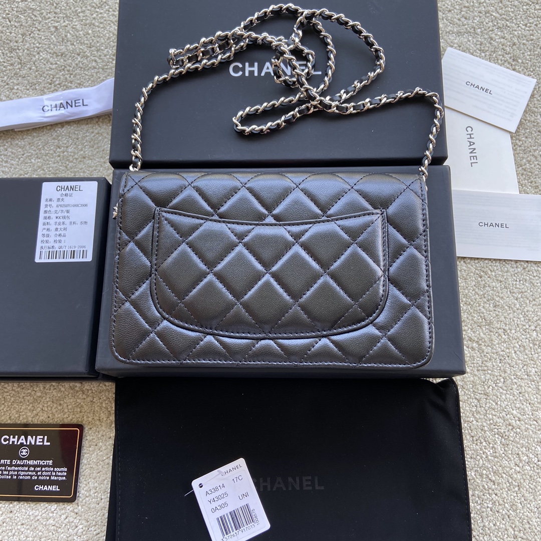 Replica Chanel A33814 Women Classcics Wallet On Chain Black Leather with Sliver