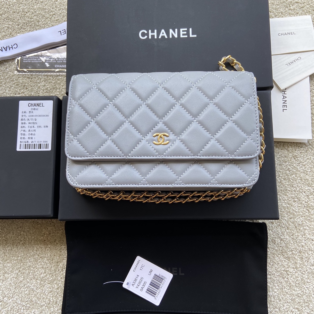 Replica Chanel A33814 Women Classcics Wallet On Chain Light Gray with Gold