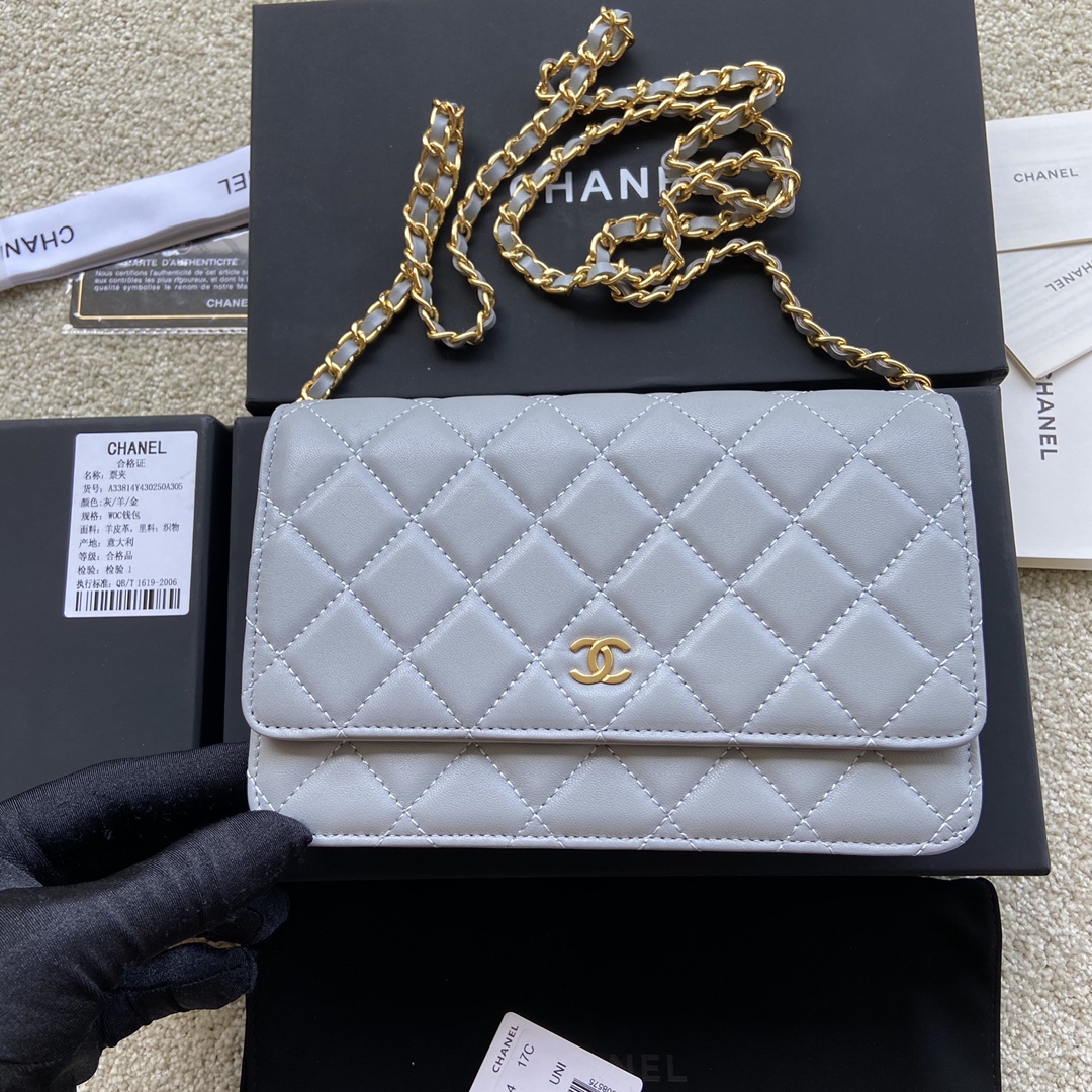 Replica Chanel A33814 Women Classcics Wallet On Chain Light Gray with Gold