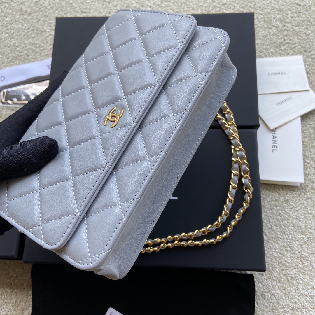 Replica Chanel A33814 Women Classcics Wallet On Chain Light Gray with Gold