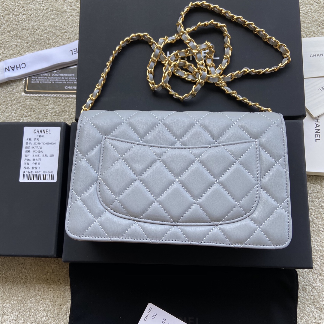 Replica Chanel A33814 Women Classcics Wallet On Chain Light Gray with Gold