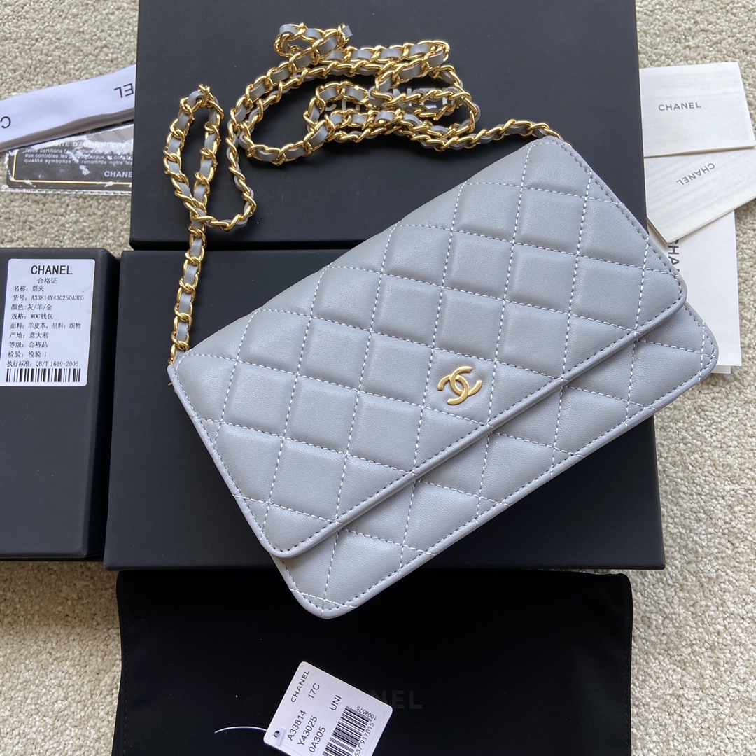 Replica Chanel A33814 Women Classcics Wallet On Chain Light Gray with Gold