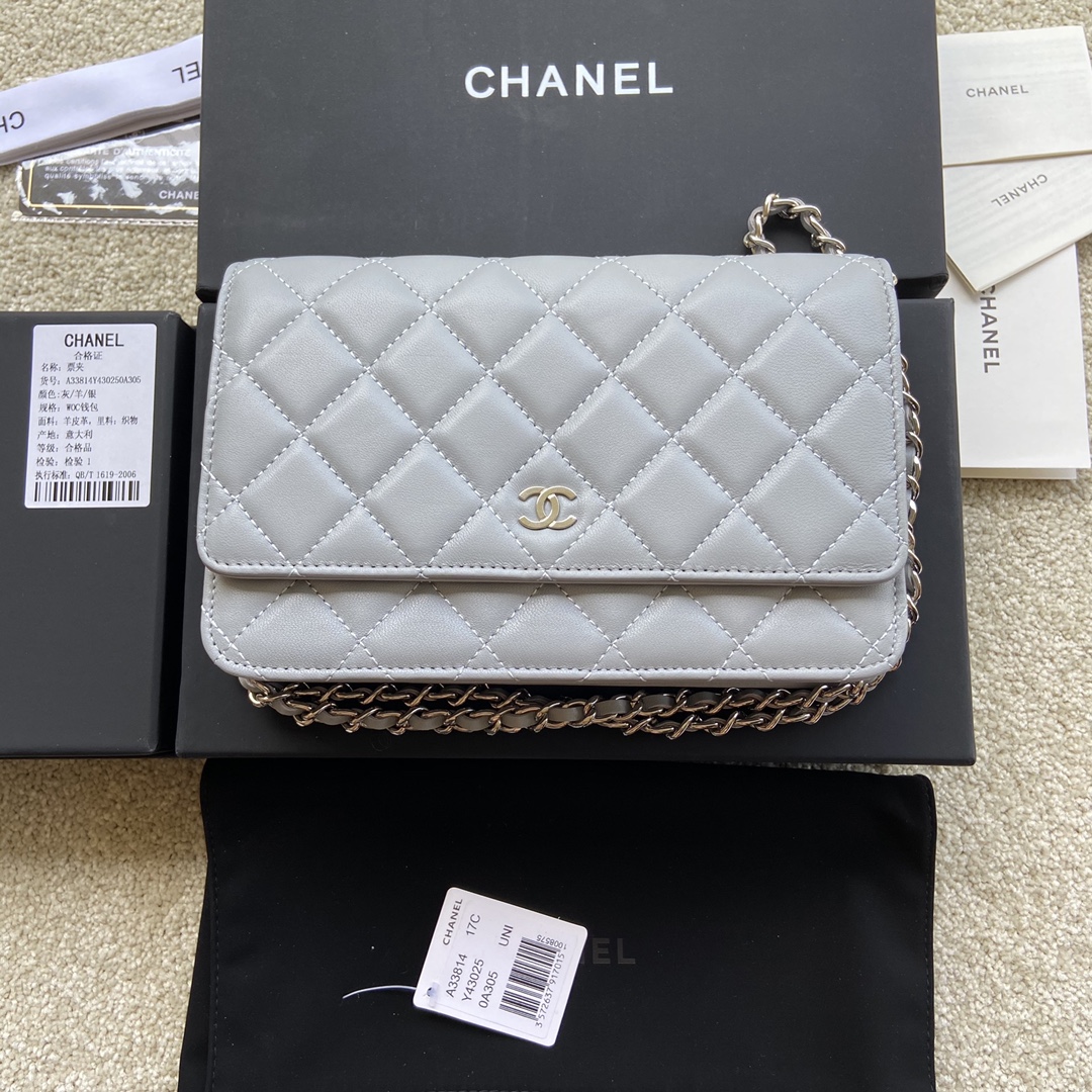 Replica Chanel A33814 Women Classcics Wallet On Chain Light Gray with Sliver