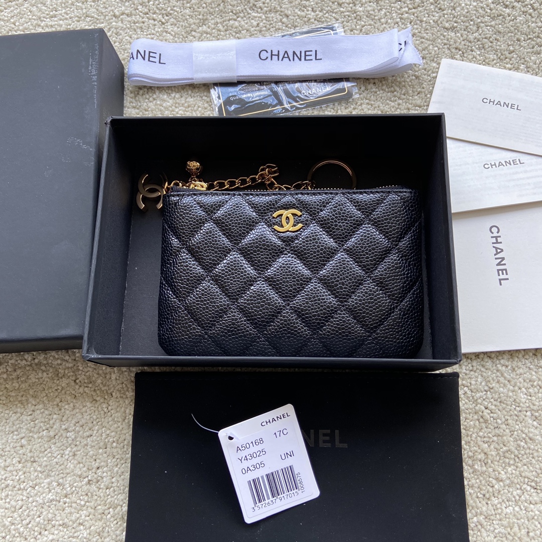 Replica Chanel A50168 Matelasse CC Logo Case Coin Purse Black Leather with Gold