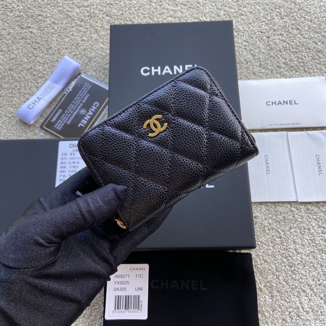 Replica Chanel A69271 Small Wallet Caviar Black Leather With Gold