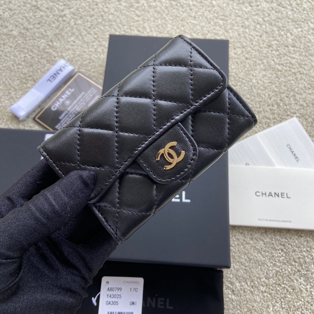 Replica Chanel A80799 Quilted Leather Flap Card Holder Wallet Black Leather with Gold-1