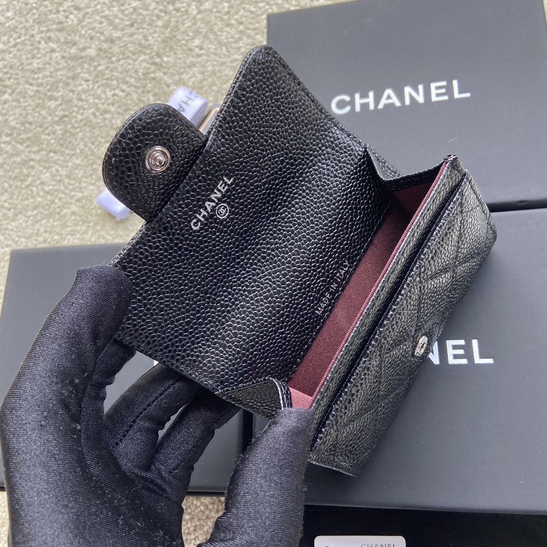 Replica Chanel A80799 Quilted Leather Flap Card Holder Wallet Black Leather with Sliver